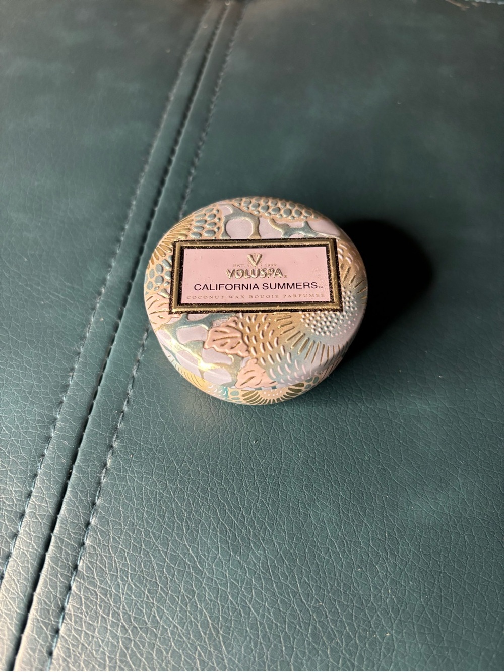Voluspa Tin Candle in Seafoam, Cream, and Gold